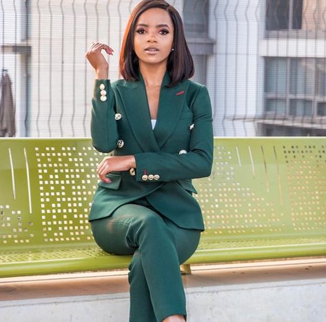 Luxury Green Blazer For Business, Luxury Green Office Wear Blazer, Power Dressing Women Boss Lady, Green Double-breasted Office Blazer, Elegant Green Semi-formal Blazer, Luxury Green Semi-formal Blazer, Corporate Poses, Zimbabwe Women, Green Trousers Outfit