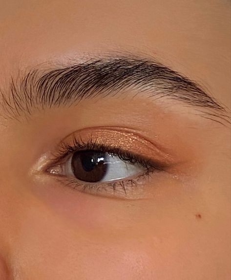 glowy eye makeup inspo Hoco Makeup For Orange Dress, Subtle Orange Makeup, Subtle Orange Eyeshadow, Orange Makeup Looks Natural, Natural Peachy Makeup, Peachy Eye Makeup, Peachy Makeup, Prom Eyes, Orange Eyeshadow