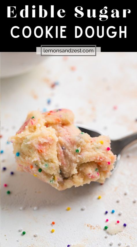 This Edible Sugar Cookie Dough recipe is an eggless cookie dough packed with rainbow sprinkle and your favorite sugar cookie flavor! Prepped in less than 10 minutes and cookie dough you can eat straight from the bowl--now that is a treat! Edible Sugar Cookie Dough Recipe, Cookie Dough For One, Edible Sugar Cookie Dough, Eggless Sugar Cookies, Sugar Cookie Dough Recipe, Eggless Cookie, Chickpea Cookie Dough, Eggless Cookie Dough, Cookie Dough Ingredients