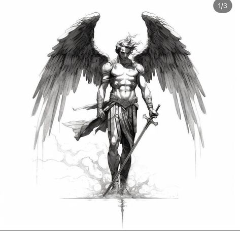 My Angel Tattoo, Greek Images, Dark Angel Tattoo, Angle Tattoo, Left Arm Tattoos, Art Ukraine, Male Angel, Lion Head Tattoos, Wings Drawing