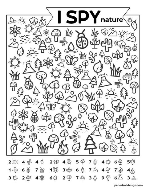 Free Printable I Spy Nature Game. Outdoor themed boredom buster game for kids to play on a cold rainy winter day, in the summer, or on a road trip. #papertraildesign #ISpyprintable #carride #travel #Imbored #printablekidsactivity #ISpygame Kids Nature Activities, Nature Games, Paper Trail Design, I Spy Games, Spy Games, Trail Design, Hidden Pictures, Paper Trail, Printable Activities For Kids