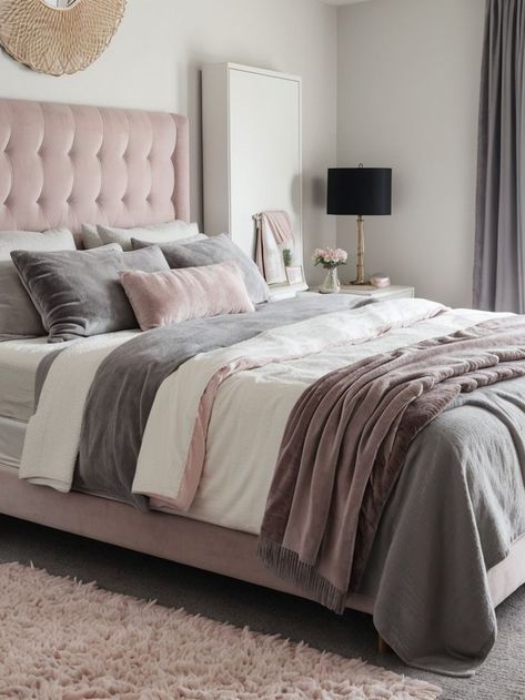 Dusty Pink And Grey Bedroom, Modern Grey Bed, Bougie Bedroom, Cali Bedroom, Grey And Silver Bedroom, Pink And Grey Bedroom, Pink Gray Bedroom, Grey Bed Sheets, Velvet Bedroom