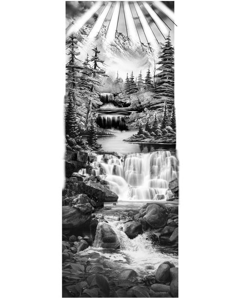 Waterfall Back Tattoo, Forest Tattoo Sleeve Stencil, Forest Waterfall Tattoo, Jungle Waterfall Tattoo, Scenic Tattoo Landscapes, Waterfall Tattoo Ideas For Women, Forest River Tattoo, Water Scene Tattoo, Waterfall Tattoo Sleeve