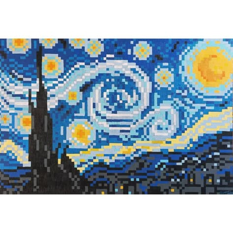 Starry Night Pixel Art Grid, Pixel Starry Night, Starry Night Pixel Art 32x32, Pixel Art Of Famous Paintings, Van Gogh Pixel Art, Starry Night Pixel Art, Crochet Starry Night, Galaxy Pixel Art, Painting Pixel Art