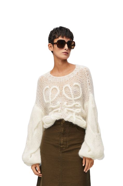 LOEWE Anagram sweater in mohair Soft White Loewe Mohair Sweater, Nyc Bday, Loose Knit Jumper, Loewe Anagram, Crochet Baby Sweater, Oversize Sleeves, Fall Lookbook, Crochet Shrug, Leather Denim