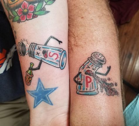 Salt And Pepper Tattoo, Saints Tattoo, Pepper Tattoo, Saint Tattoo, Cooking Stuff, Matching Tattoos, Austin Texas, All Saints, Salt Pepper