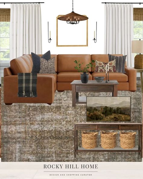 Elizabeth | Rocky Hill Home on Instagram: “Swipe to see the difference a rug can make! Personally, I'm always team vintage (the first pic) but I'm ready to root for faux vintage (the…” Cognac Couch Living Room Ideas Farmhouse, Tan Leather Sectional Living Room, Leather Couch Traditional Living Room, Brown Leather Sectional Decor Ideas, Tan Sectional Living Room, Brown Leather Sectional Living Room, Brown Leather Sofa Living Room Decor, Pottery Barn Living Rooms, Camel Leather Couch Living Room