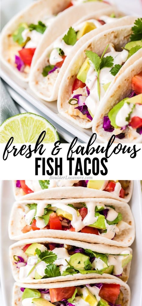 Fresh and fabulous Fish Tacos are a street taco recipe with delicious baked tilapia, loads of colorful fresh toppings and a creamy homemade sauce everyone will want more of! A fast and easy main dish recipe perfect for parties too. Fresh Fish Tacos, Street Taco Recipe, Street Taco, Halibut Recipes, Baked Tilapia, Easy Main Dishes, Delicious Seafood Recipes, Fish Tacos Recipe, Tilapia Recipes