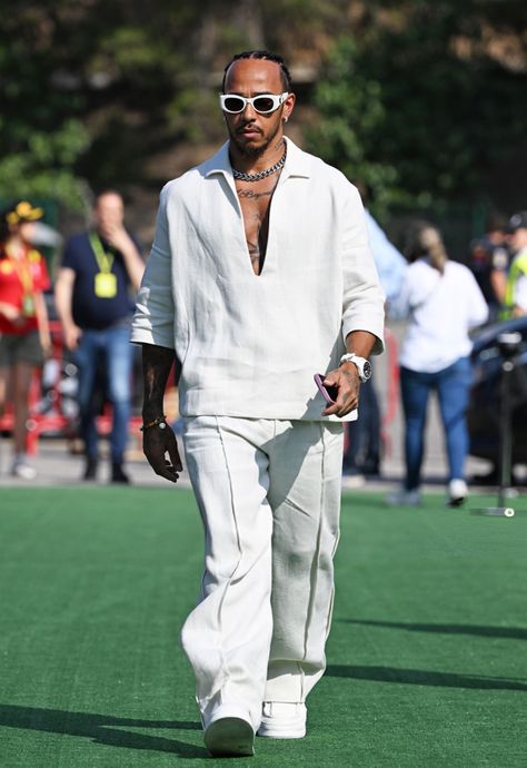 All White Mens Outfit, Hamilton Outfits, Lewis Hamilton Formula 1, Spanish Grand Prix, Latest African Men Fashion, White On White, Fire Fits, African Men Fashion, African Men