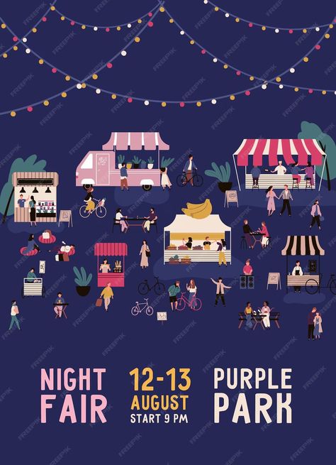 Premium Vector | Promo of night fair with place for text vector flat illustration. colorful people spending time at street market poster isolated on black. man woman and couples walk between kiosk or stalls. Night Market Poster, Bazaar Poster, Fair Poster, Colorful People, Illustration Colorful, Market Poster, Couples Walking, Market Stalls, Street Market