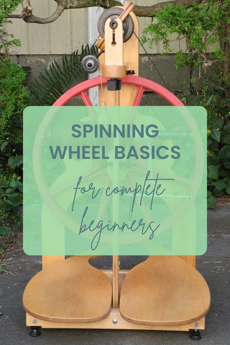 image of a castle style wood spinning wheel with a red drive wheel and two foot treadles in an outdoor setting. semi transparent green box is overlaid the image with the text spinning wheel basics for complete beginners in teal text. Spinning Wheel Diy, Spinning Wheel Accessories, Diy Spinning Wheel, Wool Processing, Spinning Yarn Fiber, Writing Reference, Loom Projects, Fiber Crafts, Weaving Loom Projects