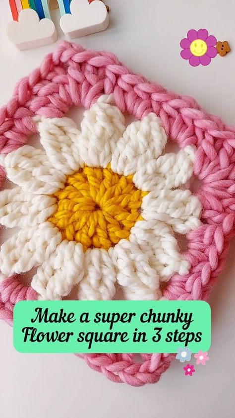 Leonela Cevallos| Crochet Patterns and Crochet Tutorials | Make a super chunky Flower square in 3 steps😄💖 I've used this square to make my Flower Lane blanket! A super quick and easy project if… | Instagram Chunky Crochet Squares, Pink Flower Granny Square, Granny Square Bulky Yarn, Chunky Yarn Projects Crochet, Chunky Crochet Granny Square, Chunky Granny Square, Chunky Yarn Crochet, Crochet Flower Squares, Flower Granny Square