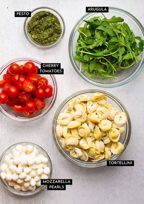 Quick and easy caprese tortellini salad perfect for summer! With mozzarella, tomatoes, pesto, and arugula for a simple pasta salad side dish. Vegetarian. Arugula Tortellini Salad, Pesto Side Dish, Caprese Tortellini Salad, Easy Tortellini Pasta Salad, Caprese Tortellini, Pesto Tortellini Salad, Easy Tortellini, Vegetarian Pasta Salad, Tortellini Pasta Salad