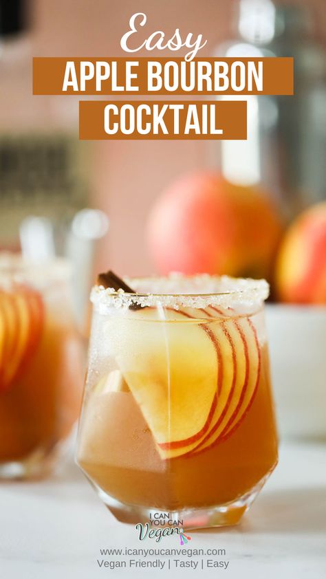 This apple bourbon cocktail includes apple cider mixed with whiskey, served over ice and garnished with fresh apple slices + a cinnamon stick! Apple Bourbon Cocktail, Apple Whiskey Drinks, Bourbon Apple Cider, Cider Cocktail, Vegan Drinks Recipes, Apple Whiskey, Apple Cider Cocktail, Apple Bourbon, Bourbon Recipes