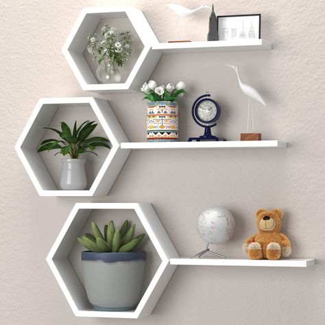 PRICES MAY VARY. 【Multifunctional Hexagon Floating Shelves】A set of 6 different sized shelves, including 3 honeycomb storage shelves and 3 wall mounted floating shelves, can help you create your own storage combinations for different display needs. Reduce clutter and highlight your rustic decor while keeping everything organized. You can hang them together in a collage style or use individually. 【Modern & Rustic Design】The wall shelf features a unique hexagonal solid structure with floating shel Honeycomb Shelves Decor, Wall Shelves Bedroom, Honeycomb Shelves, Modern Wall Shelf, Wall Shelf Decor, Wall Shelves Design, Wall Hanging Crafts, Inspire Me Home Decor, Estantes Flotantes