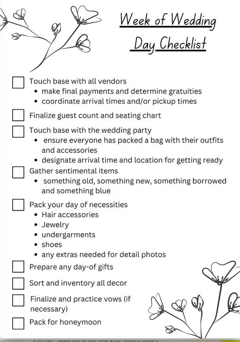 A week of wedding day checklist to keep yourself organized and stress-free! Printable download with purchase Week Of Wedding To Do List, Week Of Wedding Checklist, Wedding Day Of Checklist, Afghan Drawing, Pre Wedding Checklist, Acotar Wedding, Wedding Day Essentials, Day Checklist, Wedding Day Checklist