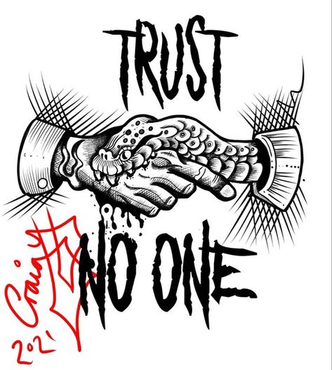 Trust no one #tattoosleeve #armtattoo #tats #tattooart #tattooartwork #tattoodesign #tattooinspiration #blackandgreytattoo #watercolortattoo #irezumi #traditionaltattoo #neotraditionaltattoo #tattooflash #customtattoo #tattoofreelance #tattooshop #tattoostudio #boldtattoo #fiercetattoo #edgytattoo #powerfultattoo #confidenttattoo Snake With Money Tattoo, Nonchalant Tattoo Ideas, Twisted Tattoo Ideas, Trust No One Tattoo Neck, Humble Tattoo Design, Trust No One Design, Front Neck Tattoo For Guys Ideas, Trust No One Chest Tattoo, Cash Is King Tattoo