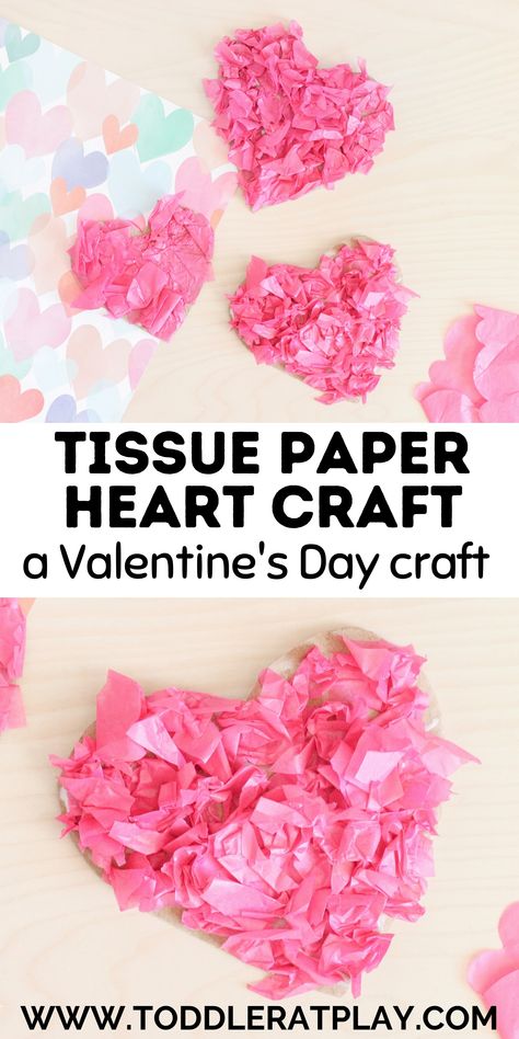 Easy and fun craft idea for Valentine's Day! #valentinesdaycrafts #tissuepapercrafts #heartcraft #toddlercrafts #finemotorcraft Crepe Paper Valentine Crafts, Toddler Heart Crafts, Heart Crafts For Toddlers, Vday Activities, Kindergarten Valentine Crafts, Crafts Toddlers, Intervention Activities, Childhood Activities, Preschool Valentine Crafts