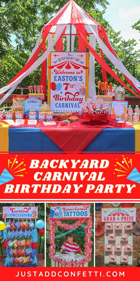 Carnival Booth Decorations, Diy Circus Birthday Party, Temporary Tattoo Carnival Booth, Carnival Birthday Party Invite, Cheap Carnival Party Ideas, Funfair Themed Birthday Party, Kids Carnival Birthday Party Games, Fun Fair Birthday Party, Five Ring Circus Birthday Party