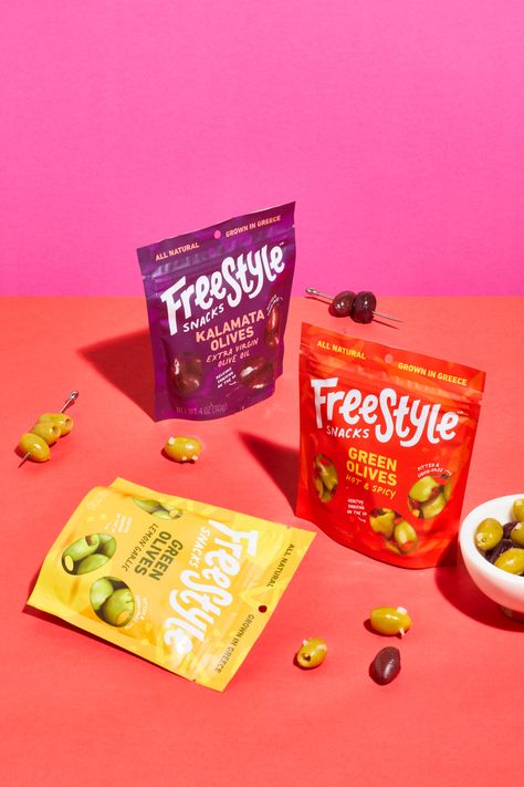 Packaged Food Product Photography, Snack Packaging Ideas, Snack Photoshoot, Snack Branding, Olive Snack, Packaging Photography, Snack Packaging, Cheese Brands, Snack Brands