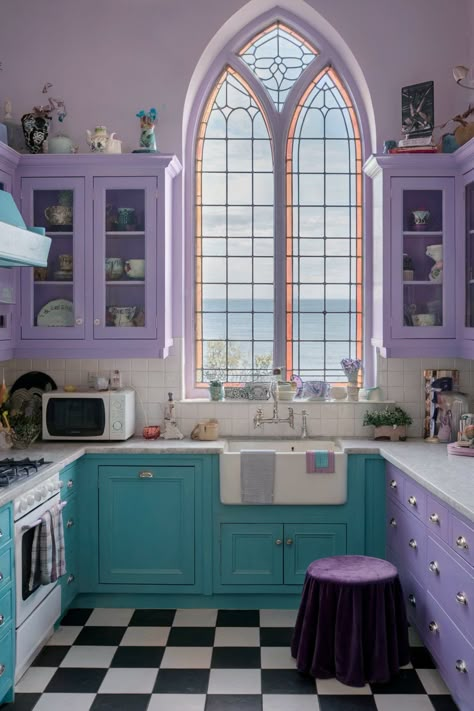 Bright kitchen with lavender and turquoise cabinets, a stained glass window, and a black-and-white checkered floor. Pastel Goth Kitchen, Goth Kitchen Ideas, Eclectic Goth, Gothic Kitchen Ideas, Aesthetic Kitchen Ideas, Pastel Goth Home Decor, Purple Kitchen Cabinets, Purple Kitchen Designs, Violet Kitchen