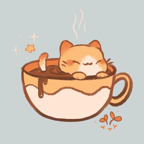 Kawaii Kittens, Hot Chocolate Cup, Chocolate Cat, 귀여운 음식 그림, Waffle Fries, Funny Duck, Coffee Drawing, Chocolate Cups, Unique Sticker