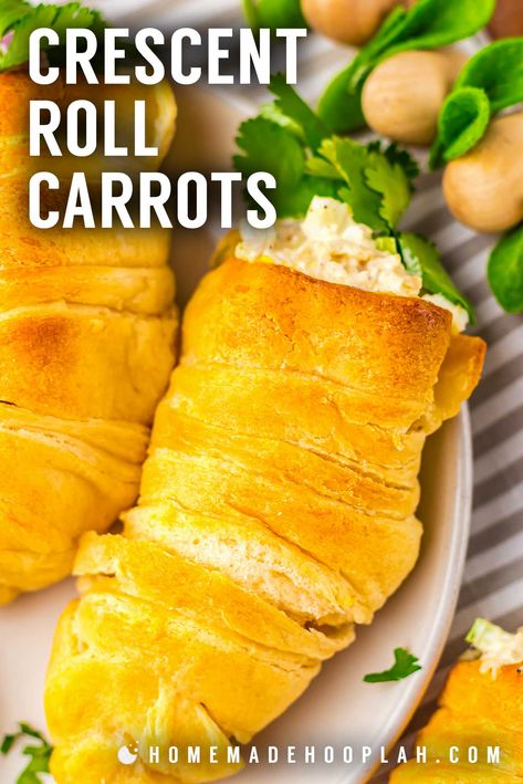 Crescent Roll Carrots! These Easter crescent roll carrots are made with flaky crescent dough baked into a carrot shaped, filled with homemade chicken salad, and topped with parsley. | HomemadeHooplah.com Crescent Roll Carrots, Crescent Roll Chicken, Crescent Chicken, Homemade Chicken Salad, Homemade Chicken Salads, Chicken Roll Ups, Salad Rolls, Crescent Roll Recipes, Crescent Dough