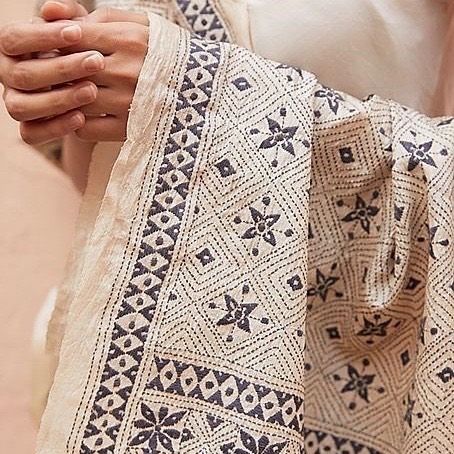 asunsti on Instagram: “We have a few of these beautiful Nakshi Kantha scarves back in stock. Handwoven silk, and hours of exquisite hand embroidery make a truly…” Block Print With Hand Embroidery, Kantha Designs Pattern, Embroidery Print Design, Nakshi Kantha Embroidery Designs, Kantha Of Bengal Embroidery Motifs, Traditional Kantha Embroidery Designs, Kantha Embroidery Designs Pattern, Kantha Embroidery Designs Motifs, Kantha Embroidery Motifs Traditional Design