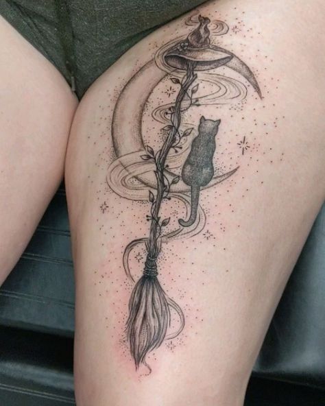 Black Cat Witch Broom Tattoo, Broom And Moon Tattoo, Broom Moon Tattoo, Thigh Witchy Tattoos Women, Witch’s Broom Tattoo, Witch Leg Tattoo, Water Witch Tattoo, Wicked Witch Of The West Tattoo, Witchy Cat Tattoo Ideas