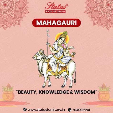 🎉During the nine days of Navratri, devotees worship the nine avatars of Goddess Durga #Day8 of Chaitra Navratri is dedicated to Goddess MAHAGAURI, who is known as the symbol of Beauty, Knowledge & Wisdom #StatusFurniture #9days #9avatar #navratri #navratridays #navratri2021 #mahagauri Day 8 Navratri Goddess, 8th Day Of Navratri, Navratri Goddess, Navratri Devi Images, Chaitra Navratri, Goddess Durga, Knowledge And Wisdom, Durga Goddess, Spirituality