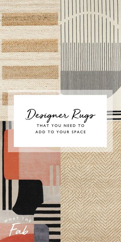 The best way to decorate and spice up your space is by adding area rugs. I’m so excited to be sharing this list of my current favorite designer rugs to make your space feel brighter and more spacious! Designer Rugs That You Need to Add to Your Space | What The Fab Rugs To Make, Statement Rug, Expensive Rug, Designer Rugs, Small Space Organization, Chic Rug, Neutral Prints, Solid Rugs, Pretty Decor