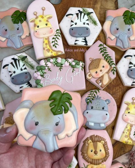 Girly safari cookie theme✨💖💖 | Instagram Jungle Animal Cookies Decorated, Safari Cookies Decorated, Safari Cookie, Jungle Cookies, Safari Baby Shower Girl, Safari Baby Girl, Zoo Baby Shower, Safari Baby Shower Decorations