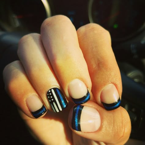 Police Officer Nails, Cop Nails Designs, Police Themed Nails, Police Officer Nail Designs, Law Enforcement Nails Designs, Police Inspired Nails, Blue Line Design Nails, Back The Blue Nails, Police Nails Designs