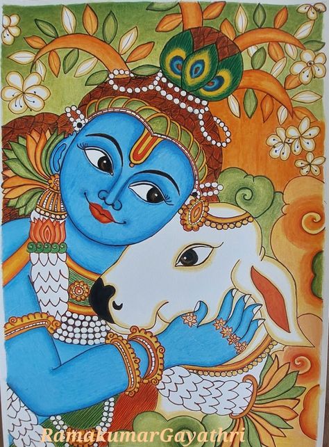 Mural Krishna Paintings, Mural Art Krishna, Kerala Mural Painting On Canvas, Pichwai Paintings Krishna, Krishna Painting Easy, Krishna Mural Painting, Mural Painting Kerala, Mural Art Design, Mural Paintings