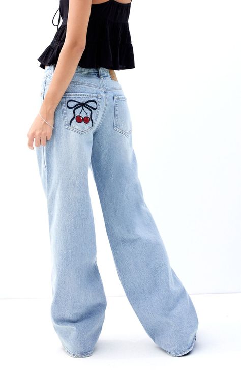 Casey Light Indigo Cherry Bow Low Rise Baggy Jeans Butterfly Low Rise Jeans, Hollister Low Rise Baggy Jeans, Low Rise Abrand Jeans, Pacsun Low Rise Baggy Jeans, Cheap Low-rise Denim Bottoms, Low Rise Baggy Jeans, Baggy Jeans, Low Rise, Pacsun