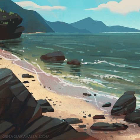 Environment Painting, Background Painting, Palette Knife Art, Background Drawing, Beach Rocks, Animation Background, Environment Concept Art, Environmental Art, Fantasy Landscape