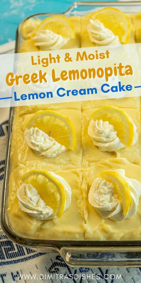 Greek Lemonopita is a dreamy fresh, moist three-layer lemon cream cake you’ll love! Homemade Cake Recipe, Lemon Whipped Cream, Greek Cake, Lemon Cream Cake, Vanilla Pastry Cream, Greek Recipes Dessert, Greek Pastries, Moist Lemon Cake, Creative Dessert Recipes