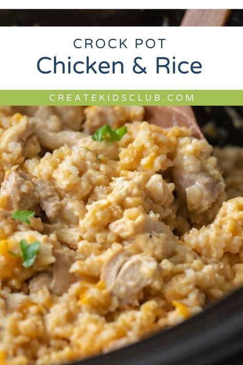 Chicken and rice in the crockpot is a kid favorite! Made with chicken thighs, brown rice, cream of chicken soup, and spices, it’s a flavor-packed casserole that is quick and easy. This is a dump-and-go slow cooker recipe that is ready to serve just in time for dinner! Chicken And Jasmine Rice Crockpot Recipes, Rice Cream Of Chicken Soup, Rice In The Crockpot, Cheesy Crockpot Chicken, Slow Cooker Chicken And Rice, Crockpot Rice Recipes, Crockpot Chicken And Rice, Chicken And Rice Crockpot, Rice In Crockpot