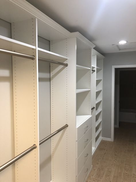 Simple and clean His and Hers closet. Galley closet with same design on both sides. Galley Walk In Closet, Galley Closet, His And Hers Closet, Diy Closets, Walkin Closets Design, Living Room And Bedroom Combo, Primary Closet, Master Closets, Diy Walk In Closet