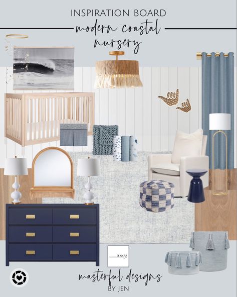 Coastal Inspired Nursery, Navy Blue Dresser Nursery, Nursery With Blue Dresser, Nursery With Navy Dresser, Light Blue Nursery Gender Neutral, Nursery Blue Dresser, Coastal Grandma Nursery, Blue And Rattan Nursery, Coastal Nursery Lighting