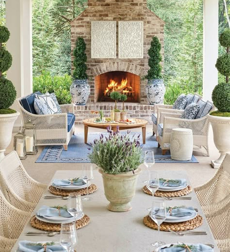 Boxwood Topiary, Outdoor Living Rooms, Lake House Ideas, Outdoor Furniture Collections, Outdoor Decor Backyard, Back Patio, Screened Porch, Outdoor Fireplace, Porch Patio