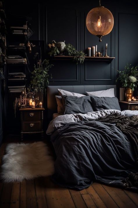 Goth Bedroom Ideas, Dark Moody Bedroom, Dark Bedroom Aesthetic, Moody Romantic Bedroom, Dark Bedding, Moody Rooms, Dark Cozy Bedroom, Academia Bedroom, Moody Home