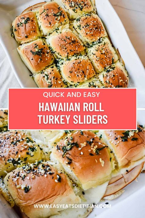 My Hawaiian roll turkey sliders are not only absolutely delicious but so easy to throw together, making them an irresistible addition to any gathering. These sliders feature tender slices of turkey and melted cheese nestled between soft and fluffy Hawaiian rolls and topped with an herby butter sauce. These rolls are perfect for potluck parties, family dinners, or a quick and delicious meal any time! #appetizer #lunch #quicklunch #potluck #fourthofjulyfood #easylunch Sliders For Large Groups, Poppyseed Hawaiian Roll Sandwiches, Turkey Melt Sliders, Hawaiian Rolls Sandwiches Slider Recipes, Easy Hawaiian Roll Sandwiches, Gawain Roll Sandwiches, Turkey Sandwich Hawaiian Rolls, Easy Dinner Ideas With Hawaiian Rolls, Hot Turkey Sliders