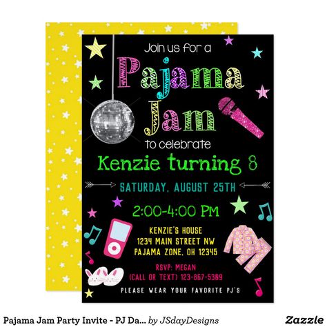 Pajama Jam Party Invite - PJ Dance Party Invite Blue Birthday Ideas, Sleepover Birthday Invitations, Pajama Party Invitations, Dance Party Invite, Sleepover Birthday Party Ideas, Disco Party Ideas, Spa Sleepover Party, Spa Sleepover, Sleepover Birthday Party