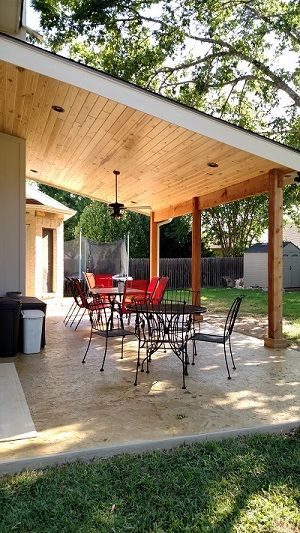 Cedar Park, TX, Homeowners Love Their Covered Patio Upgrade! | Archadeck Outdoor Living Slanted Patio Roof, Shed Roof Patio Cover Ideas, Add On Covered Patio, Overhang Porch Covered Patios, Covered Concrete Patio Ideas, Patio Addition Ideas Covered, Simple Covered Patio, Patio Roof Ideas Attached To House, Deck Overhang