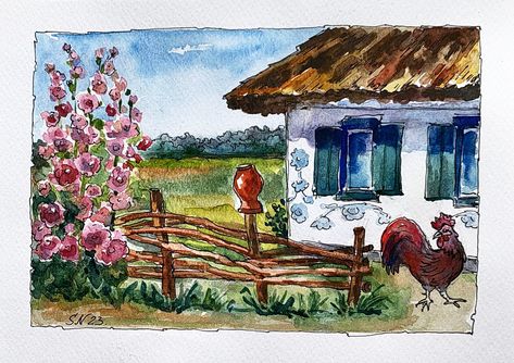 Ukrainian Landscape House with Mallows Digital Painting Ukrainian Art Rural Ukrainian Landscape 8 by 6 Ukrainian Store Instant Download Watercolor Ukraine, Ukrainian Painting, Cottage Drawing, Landscape House, Lino Printing, Cottage Painting, Ukrainian Art, Landscape Drawings, Lino Print