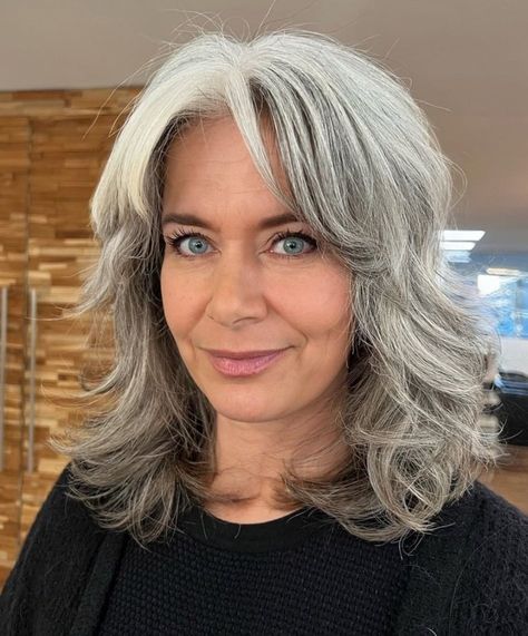 Over 50 Medium Hair with Piece-y Bangs Side Bangs Over 50, Long Hair With Side Bangs, Bangs Over 50, Hair With Side Bangs, Gray Shag, Grey Hair With Bangs, Salt And Pepper Hair, Professional Hair Color, Beautiful Gray Hair