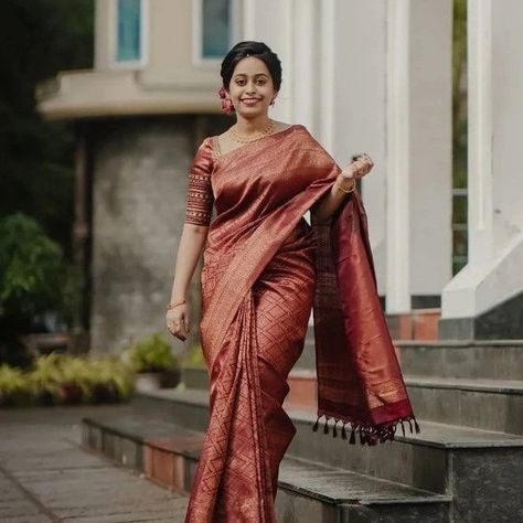 Beautiful dark maroon with copper zari weaving soft silk saree for women Copper Colour Saree, Indian Wedding Sari, Designer Sarees Wedding, Wedding Sari, Saree For Women, Wedding Ceremonies, Blouse For Women, Soft Silk Sarees, India Fashion