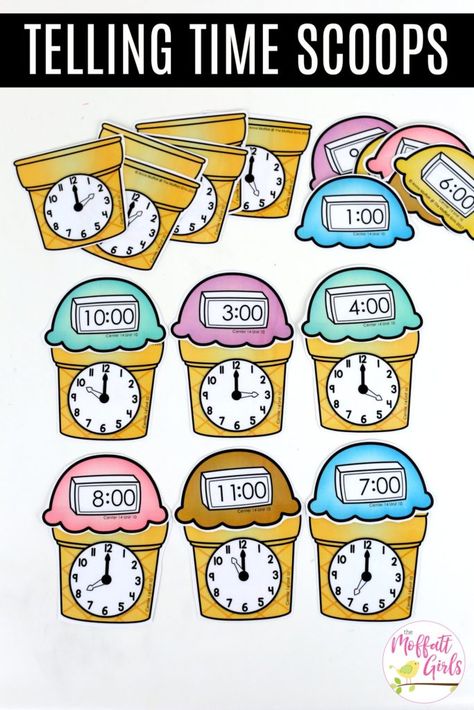 Telling Time Ice Cream Scoops- pair the ice cream scoop with the matching cone with digital and analog clocks for time to the hour.  Kindergarten Math Made Fun! Kindergarten Telling Time, Telling Time Activities, Telling Time To The Hour, Mathematics Activities, Learn To Tell Time, Time To The Hour, Time Lessons, Ice Cream Scoops, Teaching Time