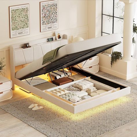 Amazon.com: Halitaa Queen Size Bed Frame Floating Bed Frame with LED Lights & Lift Up Storage Upholstered PU Leather Platform Bed with Charging Station, Headboard Modern Storage Bed, No Box Spring Needed, White : Home & Kitchen Bed Frame Floating, Modern Storage Bed, Modern Storage Beds, Lift Up Bed, Bed Frame With Led Lights, Headboard Modern, Lift Storage Bed, Bed Designs With Storage, Bed Frame Plans